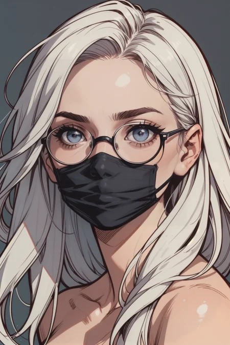 solo, mouth mask, glasses, 1girl, mask, white hair, looking at viewer, round eyewear, portrait, black-framed eyewear, blue eyes, black mask, grey background, long hair, blurry, blunt bangs, close-up, grey eyes, blurry background, eyelashes, covered mouth, simple background, makeup, head tilt, <lora:Expressive_H:0.5>, score_9, score_8_up, score_8_up, a_Comic_Illustration, rough lines with ink, (drawn:1.1), (sketch:1.5), (crosshatching:1.25), (comic style:1.1), graphic novel style, sharp lines, hires, zstyle, (western comics \(style\):1.1), (hatching \(texture\):1.2), zPDXL, Mr_Monster_Possitive, beautiful detailed eyes, extreme details eyes,  perfect anatomy,, 1girl, thighs, cowboy shot