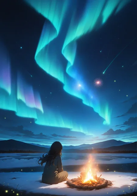 masterpiece,best quality,amazing quality,
<lora:ricotte2:1>,ricottestyle,
1girl,aerial fireworks,aurora,campfire,cloud,constellation,crescent moon,earth \(planet\),fireflies,fireworks,galaxy,light particles,long hair,milky way,moon,moonlight,night,night sky,planet,shooting star,sky,skyline,snowing,solo,space,star \(sky\),star \(symbol\),starry background,starry sky,starry sky print,sitting,