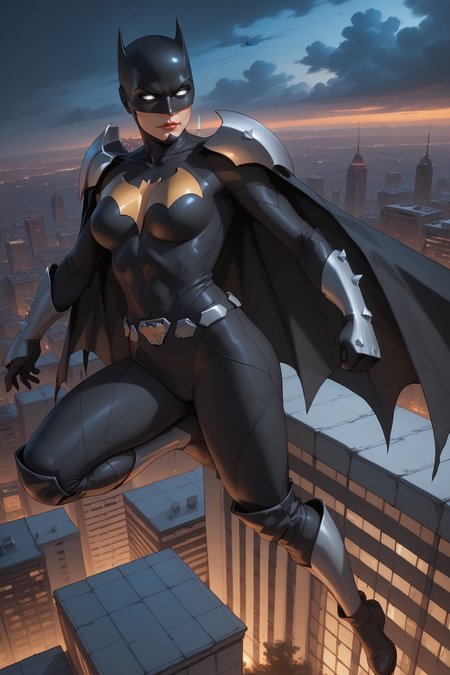 score_9, score_8_up, score_7_up, masterpiece, high quality, BREAK 
 <lora:Elseworld BatgirlPonyLoRA:1>elswrldbtgrl, mask, shoulder armor, bodysuit, cape, white eyes, no pupils, bracer, gloves, belt, greaves, boots, jumping from a skycraper, midair, falling, city in background, at night, citylights