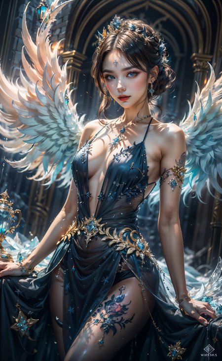 <lora:A_Snow_Angel:0.8> , Snow_Angel, Frozen,  ((best quality)), ((masterpiece)), ((realistic)), ((18-year-old girl as a snow angel princess in a fantasy golden throne room, frozen, mystic fog, frost flowers)), In the grandeur of a throne room, an 18-year-old girl embodies the enchantment of a snow angel princess. Adorned with elegant earrings, intricate jewelry, and a tribal tattoo, she exudes a sense of regality and grace. Her flowing hair, infused with a radiant glow, cascades around her, accentuated by an ethereal ice hair ornament and a necklace fashioned from glistening ice. Her sharp eyes captivate with a blend of determination and wisdom. Draped in a dress of ice, she personifies the beauty and power of the frozen realm. The throne room, adorned with golden ornaments and surrounded by an icy atmosphere, emanates an otherworldly charm. Swirling fog and the cold permeate the air, creating an ambiance of mystique. A large watch prominently displays the passage of time, a symbol of her royal lineage. Paintings and lush plants add touches of color amidst the frozen surroundings, while water flows gracefully, mirroring the princess's elegance. Ice shards glimmer and sparkle, reflecting light and emitting delicate sparks, guided by the whims of the wind. The blurry background and bokeh lend a dreamlike quality to the scene, accentuated by gentle sidelight that casts a soft glow on her face. Against a light backdrop, the composition showcases the Tyndall Effect, infusing the air with a captivating vibrancy. The vibrant colors and meticulous attention to detail make this artwork a true cinematic masterpiece, capturing the majesty, beauty, and magic of the snow angel princess in her icy domain. (Haircut model by Wispy bangs, possed is Running pose, sharp dark brown,  shooting angle is Wide-angle view, time is Low-Key Lighting),