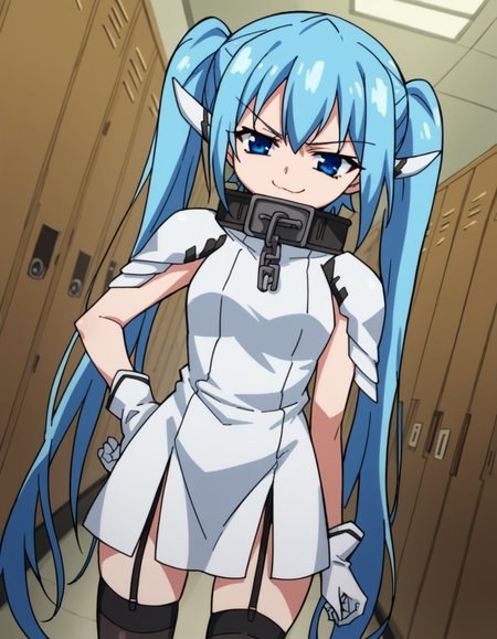 score_9, score_8_up, score_7_up, source_anime, <lora:otoshimono-nymph-s2-ponyxl-lora-nochekaiser:1>, nymph, long hair, blue eyes, twintails, blue hair, collar, chain,, thighhighs, gloves, wings, garter straps, dress, white dress, pelvic curtain, shoulder armor,, school hallway, lockers, between classes, everyday life, , smug, hand on own hip,, looking at viewer, solo,, dutch angle, cowboy shot