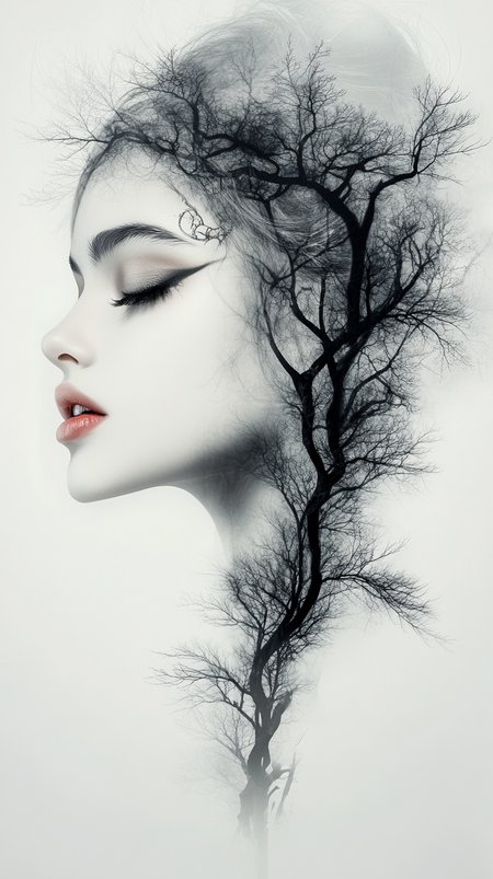 foggy, surreal dream, double exposure, living in a thunder cloud, abstract, fantasy, bo-abyss, bo-abstract, a highly detailed, black-and-white digital illustration depicting a young woman with a delicate, ethereal appearance, she has fair skin and a serene expression, with her eyes closed and her lips slightly parted, her hair is styled in intricate, voluminous braids that cascade down her back, adorned with delicate, leaf-like decorations, subtle shading that enhances the realism of the artwork, the overall style is reminiscent of gothic or fantasy art, with a strong emphasis on fine details and subtle shading --ar 9:16 --style raw --personalize gnvbpl6 i8idcqx wx8frjz 4bswk7x --stylize 700 --v 6.1