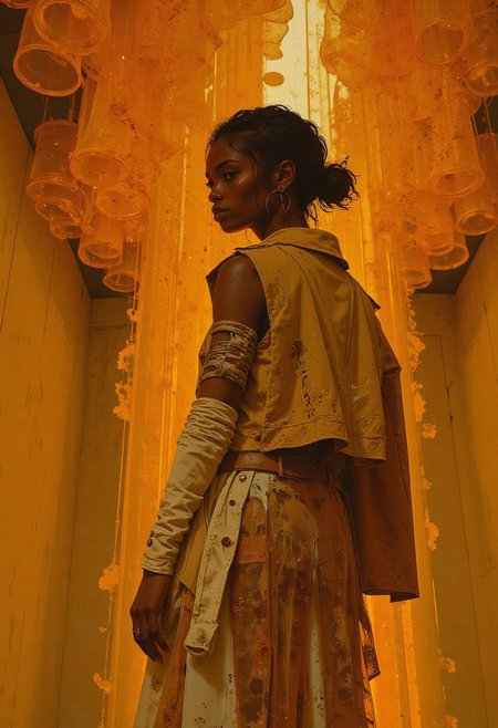 A Black woman in afro hairdo stands indoors, partially silhouetted by a surreal art installation composed of suspended fabric strips in glowing tones of translucent amber, honey, and soft gold. The structure undulates like molten light frozen mid-motion, suspended from the ceiling in layered curls that refract the ambient light into warm, shifting patterns. Positioned right of center, the woman wears an avant-garde ensemble: a sculptural, deconstructed jacket made of cracked ochre leather and pale ivory lace, with sharply angled shoulders and asymmetrical fastenings. Below, she wears an exaggerated puffed skirt of loosely layered organza dyed in uneven saffron washes, resembling wilted petals. Her copper-red hair is pinned in a loose, unwinding braid. She gazes forward with a stoic, unreadable expression. The background is a soft, matte sand-toned wall, highlighting the amber glow of the fabric. The atmosphere is meditative and tactile, merging elegance with raw, experimental fashion. (pingtu style, illustration-fen, niji, gothic, erotic, anime)
