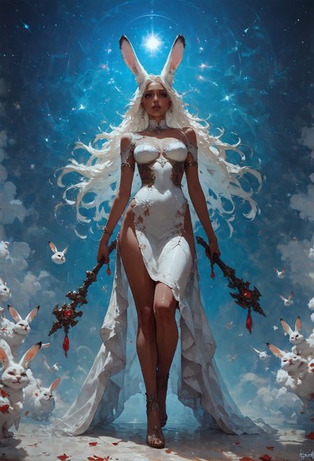 score_9, score_8_up, score_7_up,  rating_questionable, 20yo girl, 1girl, viera, solo, tall, white dress, red trim, a woman with white hair, Brom, beautifully backlit, fantasy art, dark skin, long hair, rabbit ears, white hair, space traveler, galactic, otherworldly, ethereal, atmospheric, galaxy, sweat, full body, legs, romantic, high heels, view from below, head turned away   <lora:pony/vixon_gothic_oil_style:0.7> d4rk01l <lora:pony/twilight_style:0.8> <lora:pony/expressiveh:0.8> expressiveh