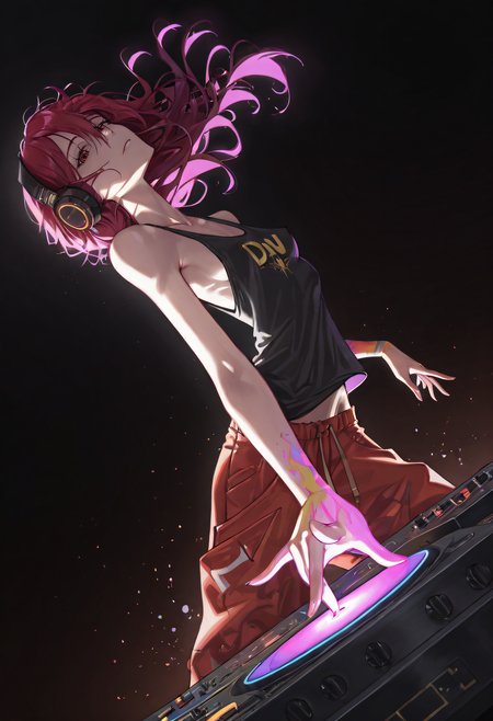 hyperdetailed, dynamic angle, closeup, reij-incs, colors splash effect, flowing hair, 1girl-pointing-at-you:1.2 solo, DJ, hark hair, long hair, headphones, turntable deck, back arched, slender body, loose black tank top, small breasts, perky breasts, red baggy pants, low hanging pants, visible hipbone:1.2, piercings, look at viewer, dark background, backlight, high energy,  <lora:ponyv4_noob1_2_adamW:0.5>  <lora:PNMPS:1> PNMPS
