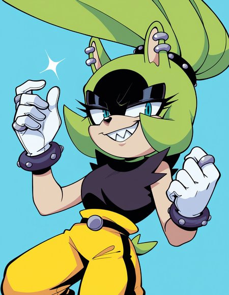 zPDXL, score_9, score_8_up, score_7_up, score_6_up, score_5_up, source_anime, 4k, absurdres, 1girl, solo,
 <lora:Surge_v2mini_LoCon:0.8> surge the tenrec, (green fur), (black fur), two-tone fur, aqua eyes, black eyeshadow, long quills, shaded face, quills up, high ponytail,
grin, looking at viewer, white gloves, black shirt, yellow shorts, belt, ring, earrings, black wrist cuffs, black hairband, sharp teeth,