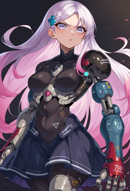 score_9, score_7_up, source_anime, BREAK  <lora:yunimaru_style:1> yunimaru, science fiction, cyborg, mechanical parts, mechanical arms, joints,, serious, 1girl, white eyes, white hair, very long hair, parted hair, parted bangs, gradient hair, lilac hair, medium breasts, wing hair ornament, valkyrie, black bodysuit, armor, gauntlets, greaves, pink breastplate, grey armored skirt, armored dress, pink hues,