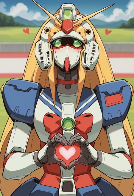 score_9, score_8_up, score_8, source_anime,  <lora:NobelGundamF:0.95> solo, robot, mecha, green eyes, no humans, long hair, very long hair, blonde hair, v-fin, bow, red bow, looking at viewer, upper body, v sign, heart hands, blush,
(grasslands background), blurry background,