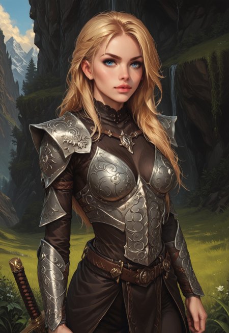 safe_pos, score_9, score_8_up, score_7_up, 1girl, solo, cute blonde female warrior, Morrowind daedric armor, fur, long hair, realistic, cinematic angle, cinematic lighting, fit body, cute face, bright blue eyes, action shot
(in a dynamic pose with a northern big sword:1.85)
source_cartoon, rating_explicit, expressive, (((upper body))), dynamic pose, long legs
detailed beautiful background, breathtaking landscape, epic mountains, lush forests, dramatic sky, vibrant colors, stunning sunset, mystical atmosphere
(((full clothed)))
 <lora:add-detail-xl:1>
 <lora:Dynamic Poses:1>