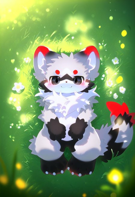 ((((sdgs4by zuppu11kemono)))), full body, solo, furry, score_9, score_8_up, score_7_up, look at viewer, male focus, black eyes, no humans, fractal iris, furry male, ferret lying on grass, happy, smile, detailed eyes, blushing, zPDXL3