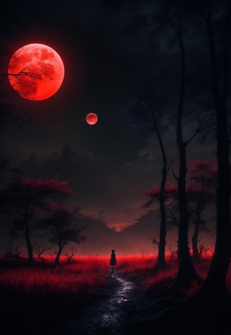 surreal dark horror theme, anime style, red grass landscape, large red moon in black sky, black burned trees, dark fantasy, evil horror, max details, dynamic, great lighting, perfect shading, atmospheric, best quality, sharp focus, high contrast, stylized, clear, surreal, ultra quality, 8k, best quality, masterpiece, midjourneyv6.1