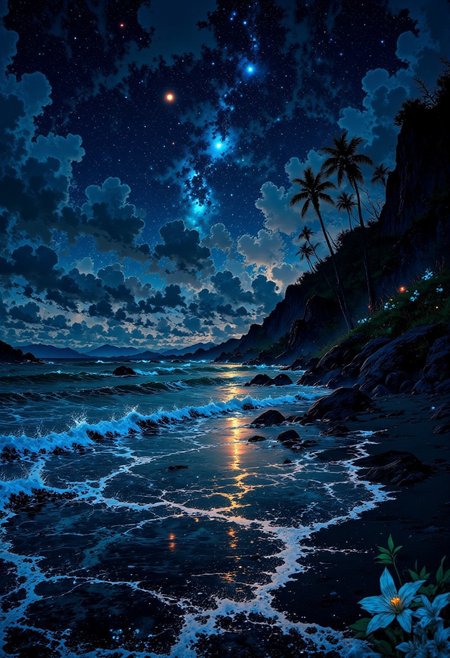 Hawaiian Volcanic Beach – Lava Glow & Starlit Ocean
"A mystical Hawaiian night on a black sand beach, where the distant glow of lava from an active volcano reflects in the ocean waves. The sky is filled with twinkling stars, while the rhythmic sound of the surf echoes against the rugged cliffs. A gentle breeze carries the scent of tropical flowers and salty air, creating an enchanting midnight atmosphere."