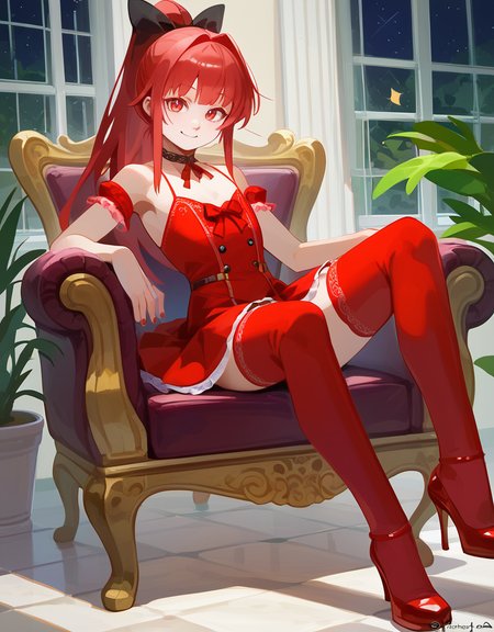 zPDXL2,  <lora:YadokugaeruV1:1>, yad0kug4eru, yadokugaeru, 
1boy, crossdressing, cute face, detailed eyes, long red hair, ponytail, red dress, red skirt, red thighhighs, red high heels, red eyes, looking at the viewer, smiling