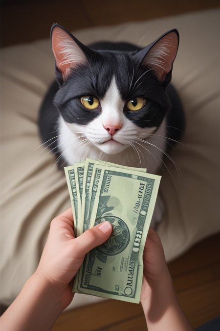 score_9, score_8_up, score_7_up,film photography,
35mm vintage photo,
pov, holding money, looking at viewer,cat,rating_questionable,
best quality, masterpiece, realistic,hyper-detailed,depth of field,
<lora:sdxl_lightning_8step_lora:1>,
 <lora:POV_holding_money:1>