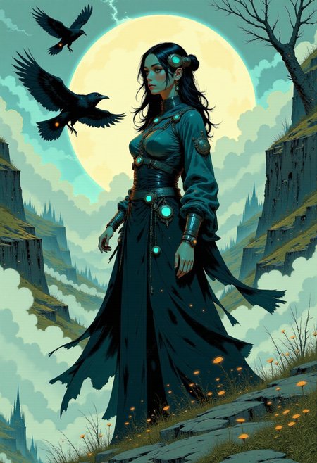 The Raven Queen
"A regal Gothic woman with long, flowing black hair stands on the edge of a desolate cliff, her billowing cloak made of raven feathers shimmering under the pale moonlight. Her piercing emerald eyes glow with an otherworldly energy, and a silver diadem adorned with black opals rests on her forehead. Ravens circle above as a storm brews in the distance." Ethereal Gothic Elegance