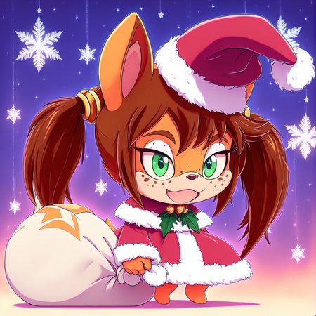 padoru <lora:padoru-IL-1.0:1>, masterpiece, perfect quality, best quality, anime coloring, Rocketgirl, 1girl, solo, animal ears, furry female, tail, brown hair, long hair, green eyes, bangs, freckles, brown fur, sidelocks, twintails, two-tone fur, christmas background <lora:Rocketgirl_v05:1>