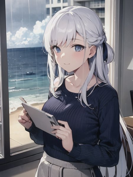 <lora:al_belfast:0.8> belfast, 1girl, knitted sweater, inside, view of ocean out the window, rain, white hair