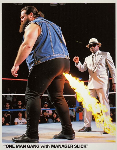 a WWF promotional photo, the tall and fat bearded ONE MAN GANG in a denim vest with black tights leaning forward farting fire from his rear end, to impress swank SLICK the skinny black guy in a nice silver suit and pimp hat in the background. Text in the lower margin ONE MAN GANG with MANAGER SLICK.