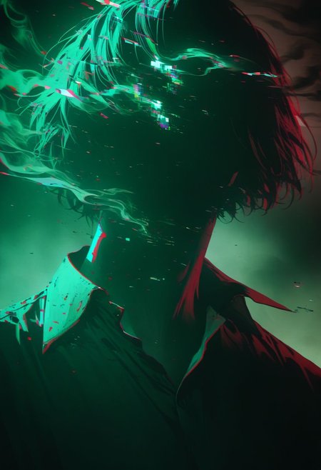 did vaporwave style, solo, 1boy, male focus, shirt, upper body, collared shirt, abstract, short hair, face halo, no face, vapor, smoke, glitch,  horror (theme),  glowing, , cinematic lighting, cinematic angle, official art, best quality, masterpiece