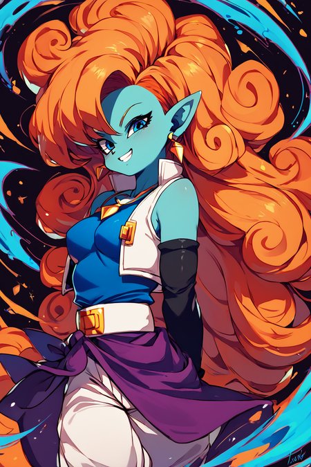 score_9, score_8_up, score_8, medium breasts, (curvy), cute, eyelashes,       BREAK, ,  zZangya, blue eyes, blue skin, pointy ears, orange hair, curly hair, long hair, big hair,  jewelry, necklace, detached sleeves, bare shoulders, vest, gloves, white baggy pants, <lora:Zangya_Dragonball_PDXL:0.8>, , BREAK, smile, looking at viewer, cowboy shot, ,,, embedding:zPDXL, Expressiveh, ,,, <lora:Zankuro_Style_PDXL:0.8> <lora:SDXLFaeTastic2400:0.5>, <lora:Expressive_H-000001:0.4>,