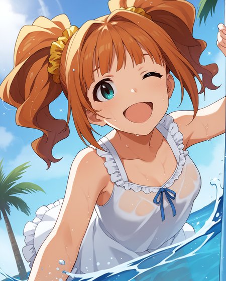 rating_questionable,
<lora:TakatsukiYayoi_pony_v1:1> tktkyyi, long hair, orange hair, twintails, hair scrunchie, bangs, aqua eyes, small breasts,
sundress,  beach, open mouth,  smile,  see-through silhouette,  dutch angle, wading,  wet, wet clothes,  splashing,  one eye closed, 
palm tree,  
 <lora:Pony_DetailV2.0:1>, score_9, score_8_up, score_7_up, source_anime,