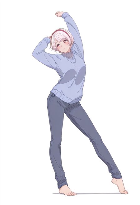 Smooth Quality,masterpiece,beautiful aesthetic, very intricate, high quality details, ultra realistic, high detailed skin,
simple background, white background, 
blush,front view,stretching pose, arms raised above head, one foot on tiptoe, slight back arch, elegant silhouette,  ,
pants,,sweater, 
 <lora:Natsukawa_Renacnn:0.8> rena/cnn, 1girl, short hair,