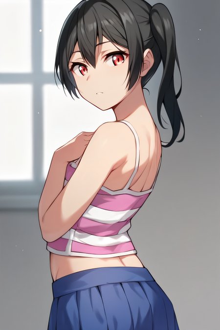 score_9, score_8_up, score_7_up, score_6_up, score_5_up, score_4_up, BREAK source_anime, masterpiece, best quality, ultra quality, <lora:PONY_Sadako:1>, sadako, black hair, red eyes, side ponytail, camisole, blue skirt, looking at viewer, standing, back view, hands on chest, expressionless, parted lips, tummy