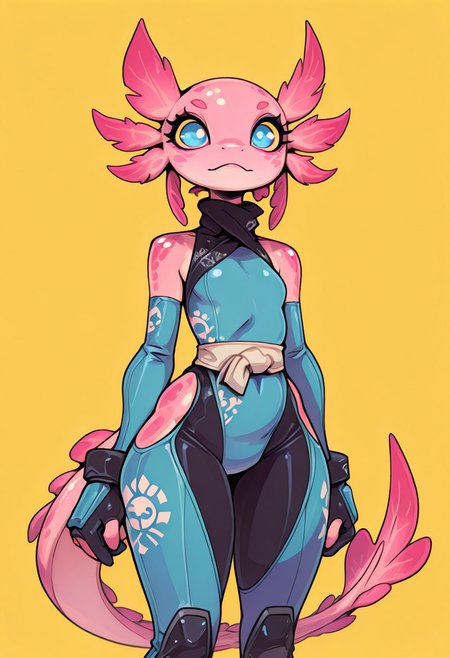 1 girl , solo , skintight bodysuit , sleeveless , hip vents , ninja suit , axolotl girl , 
masterpiece, best quality ,amazing quality , S4bit4mago_illu , Protoneon , Rapscallionstyle ,