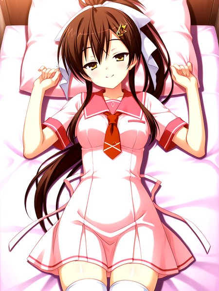 masterpiece,best quality,newest,absurdres,highres,detailed eyes,beautiful,detailed background,solo,perfect eyes,anime coloring,full_shot,anime screencap,
nsfw,explicit,<lora:add-detail-xl:1>,<lora:ponyv4_noob1_2_adamW-000017:0.8>,wear clothes,
1girl,
looking at viewer,lying,on back,peaceful,smiling,>:\),half-closed eyes,school,
pink pillow,lied on quilt, bed,
<lora:il-aoi-tenshin-sera:1>,il-aoi-tenshin,aoiserafuku,1girl,solo,brown hair,pink dress serafuku,yellow eyes,pink dress skirt,long hair,pink long thin on dress,ponytail,square bottom necktie,white thighhighs,