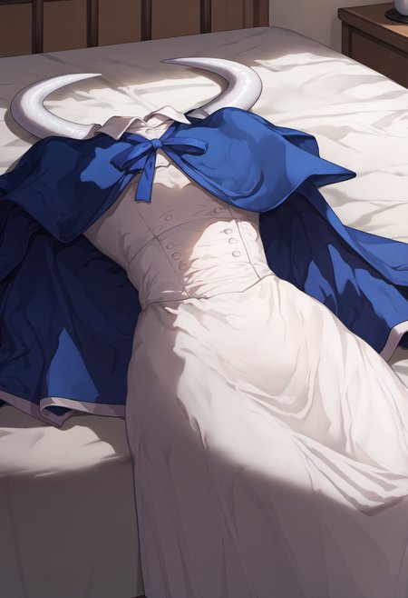 Prompt,
score_9,score_8_up,score_7_up,source_anime, <lora:clothes_removed:1> clothes removed, no humans,bed  <lora:ulti-pdxl-nvwls-v1:0.5>  ahoge , blue cape, white shirt, long sleeves, neck ribbon, (light blue skirt, high-waist skirt) BREAK (white horns laying on bed)