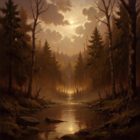 Dark-Fantasy-Cardd-V.2.0 style dark fantasy oil painting with detailed eyes that features The forest scene transforms into a hauntingly serene landscape, rendered in sepia tones and infused with a mystical, nocturnal atmosphere. The towering evergreen trees now appear as dark silhouettes against a glowing sky, with the clouds replaced by a large, full moon that bathes the entire forest in a soft, ethereal light. The mist that once covered the forest floor is now enhanced, swirling with a ghostly quality, reflecting the moonlight in shimmering pools. Shadows stretch long across the ground, adding depth and a sense of quiet isolation. The patches of sunlight are replaced by faint glimmers of starlight, which gently twinkle above, creating a peaceful yet eerie mood. The entire forest feels timeless and ancient, as if wrapped in a quiet, dreamlike stillness, where each tree and blade of grass is touched by the soft glow of the night, evoking an otherworldly calm.