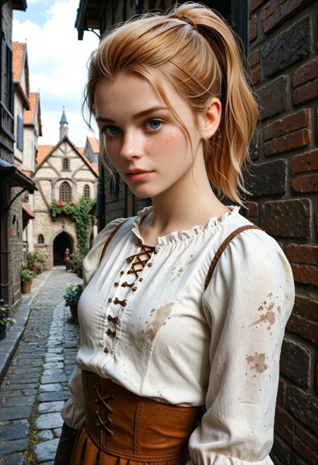 1woman, Masterpiece, 8k, ultra high detail, score_9, score_8_up, score_8, 21yo,  small breast size, sporty short blonde ponytail hair, fcNeg, stunning bright blue eyes, freckles, white skin, small nose, innocent beauty, slim face,  skinny athletic body, perfect body, supermodel, extreme detail, 
Dark night, dark medieval back alley, through dark alleys,    Medieval fantasy, rogue, 
Dirty skin, dirty clothes, Medieval fantasy clothes, 
Medieval fantasy cityruins,