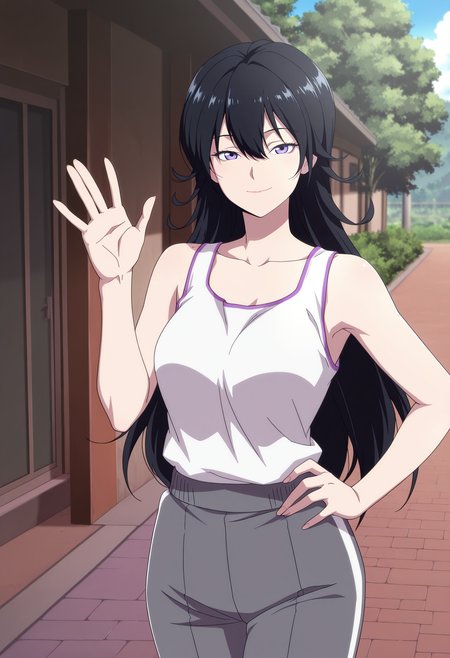 1girl,solo,mm,mature female,black hair,long hair,bangs,hair between eyes,purple eyes,breasts,anime coloring,
tank top,track pants,hand on own hip, waving, looking at viewer, smile,outdoors, 
,masterpiece,best quality,amazing quality,<lora:Duna_Lee-The_Girl_Downstairs:0.8>