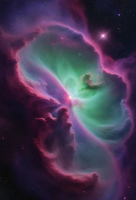 Stunning nebula in space, dynamic colors, purple and green, stars in background, hyper realistic