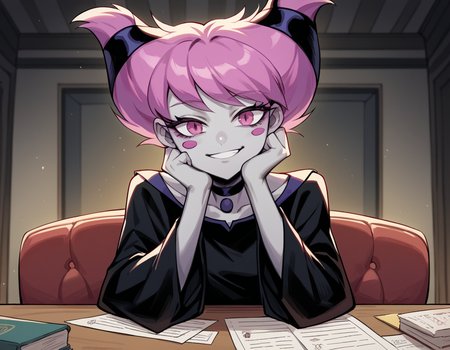 score_9, score_8_up, score_7_up, source_anime, <lora:jinx-dc-ponyxl-lora-nochekaiser_r1:1>, jinx, jinx (dc), colored skin, grey skin, hair horns, pink eyes, pink hair,, choker, long sleeves, pantyhose, striped clothes, striped pantyhose, black dress, wide sleeves, collarbone,, indoors, smile, looking at viewer, solo, sitting, head rest, table,, cowboy shot, dutch angle