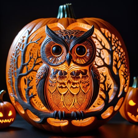 Whimsical fine carved halloween pumpkin, engraved luminosity, artistic hypermaximalist objects, magical glow, 3d etched glass pumpkin containing within enchanting owl, captivating ambiance, inspired by lantern festivals, close-up, 50mm, front view, Behance, hyperdetailed, iridescent orange, Halloween atmosphere, adorable spooky, masterpiece, great masterwork by head of prompt engineering  <lora:add-detail-xl:3>
