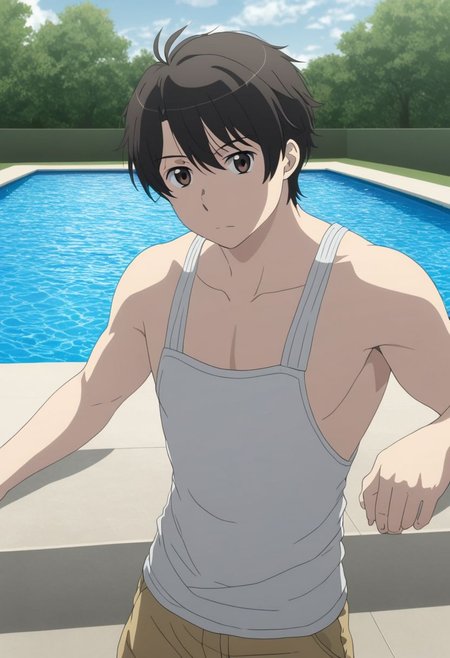 high resolution, solo, best quality, 1Boy, Inaho Kaizuka, Black Hair, Brown Eyes, pool, swim, shirtless, sixpack, shorts, looking at viewer, OverallDetail