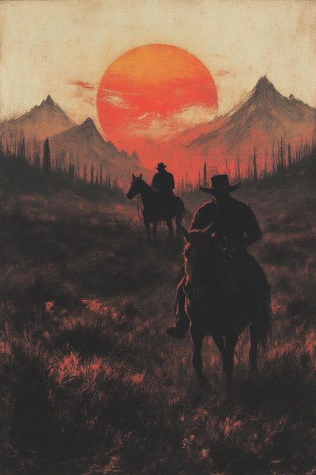 apoca1 illustration. 
of a cowboy riding a horse across the wild west at sundown.  Mountains in the background. <lora:apocalypse_now1_fl_d4a2:1.0><lora:802370174020838929:0>