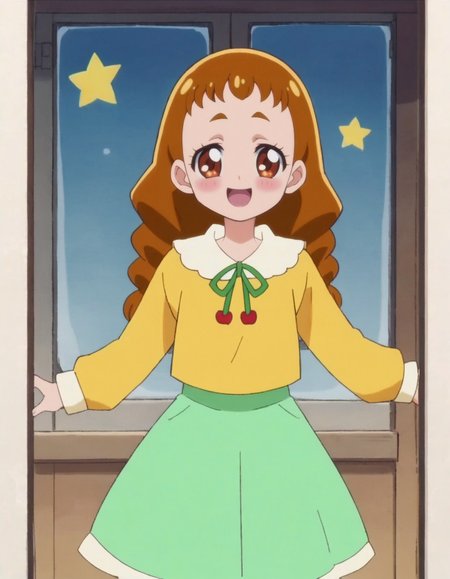 score_9, score_8_up, score_7_up, anime screencap, solo,1girl,arisugawahimari,green skirt, looking at viewer,open mouth, smile, :d, shirt, long sleeves, yellow shirt, cowboy shot,small breasts, blush,<lora:arisugawahimari:0.8>