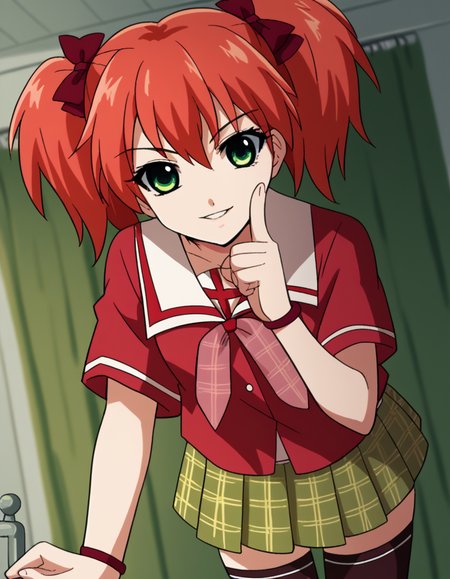score_9, score_8_up, score_7_up, source_anime, <lora:kokoa-shuzen-s2-ponyxl-lora-nochekaiser:1>, kokoa shuzen, twintails, green eyes, red hair, hair bow, short hair,, skirt, thighhighs, school uniform, black thighhighs, plaid, serafuku, red shirt, short sleeves,, hospital room, bedside, get well flowers, comforting, quiet, smile, <lora:finger-to-cheek-ponyxl-lora-nochekaiser:1>, finger to cheek, index finger raised, pointing at self, bedroom, parted lips, leaning forward, bent over, cowboy shot, dutch angle,, looking at viewer, solo,, dutch angle, cowboy shot