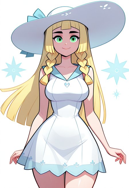 masterpiece, best quality, medium breasts, (curvy),   BREAK, zzLillie, long hair, braid, sun hat, white headwear, collarbone, sleeveless dress, white dress, <lora:LilliePokemonIXL:1.0>,smile, looking at viewer, cowboy shot,    <lora:Style60_IXL:1.5>,
