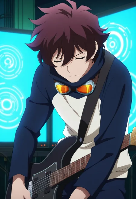 masterpiece, best quality, , anime screencap, , official style,, 1boy, solo, male focus, <lora:leonardo_watch_ilxl:0.94>, leonardo_watch, brown hair, short hair, hair between eyes, bangs, closed eyes, goggles around neck, music studio, soundboards, glowing panels, hanging guitars, recording pose, creative expression, electric vibe,