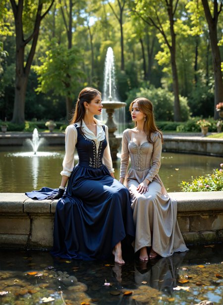 cinematic film still two young women sitting on a stone wall in a park. They are both dressed in elegant dresses, with one wearing a long blue dress and the other wearing a beige dress. The woman in the blue dress is sitting on the edge of the wall, with her legs crossed and her hands resting on her lap. She has long dark hair and is looking off to the side with a serious expression on her face. In the background, there is a fountain and trees with green foliage. The sky is blue, and the overall mood of the image is peaceful and serene. Shallow depth of field, vignette, highly detailed, high budget, bokeh, cinemascope, moody, epic, gorgeous, film grain, grainy. <lora:add-detail-xl:.5>  <lora:Flux-style-xl-lora:.5>