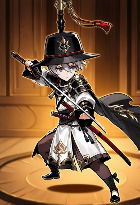 ace (seven knights), battlefrontwarrior, short hair, grey eyes, black headwear, white tunic, brown leggings, black cape, black shoes, katana, fighting stance