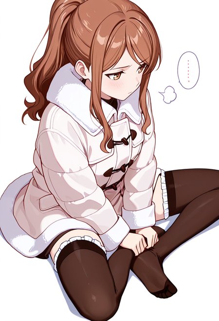 masterpiece,high quality details, absurdres,
 <lora:Aona:0.8> aona_cnr, 1girl, brown hair, long hair, ponytail, brown eyes,, simple background, white background, from above,solo,, frustrated,pensive,, sitting with soles touching,sitting pose,opposite foot planted,, duffle coat  ,fur coat,panel skirt,  ,frilled thighhighs,