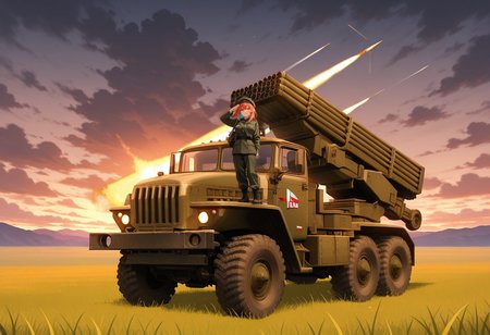 masterpiece, best quality, Graphic Design, color art, vibrant colors, intricate details, high contrast, detailed background, beautiful detailed, beautiful face, detailed eyes, detailed face, new, newest, 1girl, solo, military uniform, looking away, serious face, salute, fullbody shot, holding walkie-talkie, open mouth, ur4l, truck, military vehicle, car, missile pod, outdoors, vehicle focus, battlefiel, sunset, evenig, cloudy, missles, launching missles, self-propelled artillery, multiple launch rocket system,