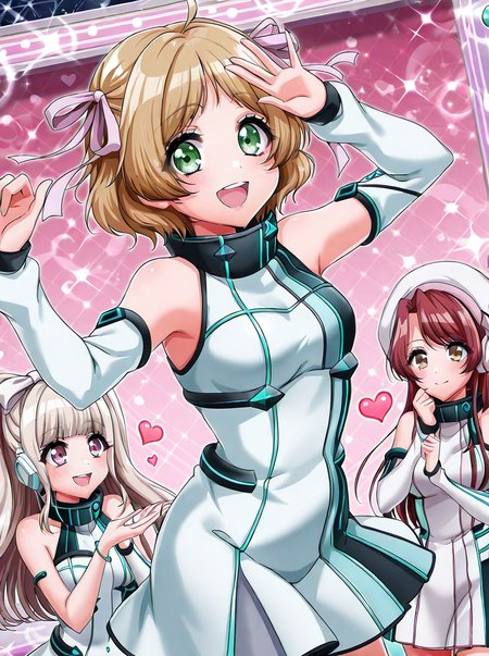 shiny skin, posing,
<lora:d4dj.il:1>,
d4dj,
(4girls:1.5), 
miiko, kurumi, miyu, haruna, 
heart, bloom, sparkle, glitter, 
bandbbb,