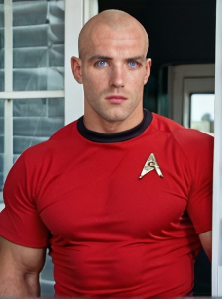 1boy, 20 year old male, Handsome, masculine, blonde, star trek, red shirt, muscle,  tall, tight shirt, wide pectorals, big shoulders, wide shoulders, muscular neck, German, bald, big pale blue eyes, abs, biceps,

stunf, star trek uniform,
