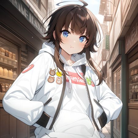 (masterpiece),(best quality),(ultra-detailed),(best illustration),(best shadow),(absurdres),(detailed background),(very aesthetic), yang harim, hood, solo, 1girl, hood down, blue eyes, ahoge, brown hair, white jacket, sleeves past wrists, jacket, white hoodie, long sleeves, market background, defaultoutfit, pout, looking at viewer, close-up, portrait, hands on waist, proud, hands inside jacket pocket, <lora:Yang_Harim:1>
