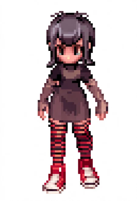 best quality, amazing quality, very aesthetic, absurdres,
pixel,
1girl, mavis, black hair, bangs, blue eyes, black lips,
black dress, bridal gauntlets, short sleeves, red sneakers, striped thighhighs,
full body, simple background, white background,  <lora:RagnarokSpriteNoob_byKonan:1>,  <lora:MavisNoobXL_byKonan:1>